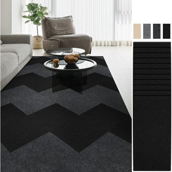 10Pcs Carpet Tiles Peel and Stick, 12"x 24" Thin Floor Adhesive Tiles Mat, Rectangular Carpet Non-Slip Tiles, Waterproof Carpet for Living Room Bedroom Black