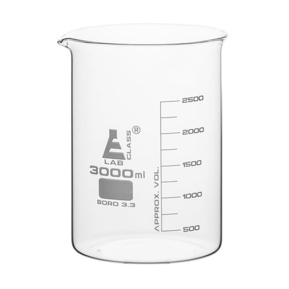 Beaker, 3000ml - Low Form with Spout - White, 250ml Graduations - Borosilicate 3.3 Glass - Eisco Labs
