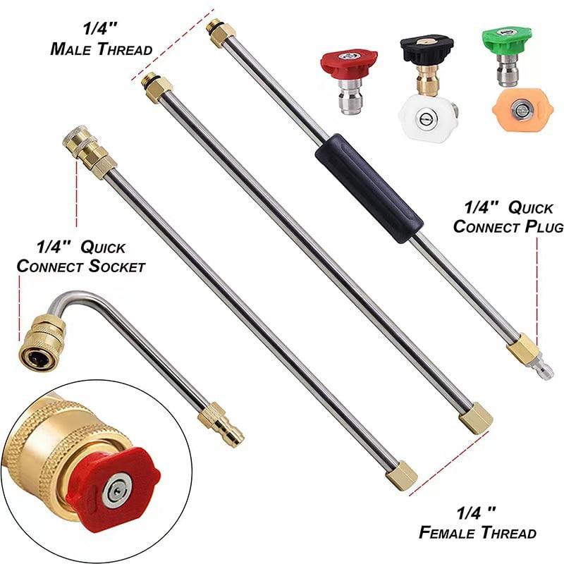 Gutter Cleaning Pressure Washer Extension Wand – 5 Spray Nozzle Tips, 2 Curved Rod Attachments, 1/4" Quick Connect, 4000 PSI(RL 9 PCS)