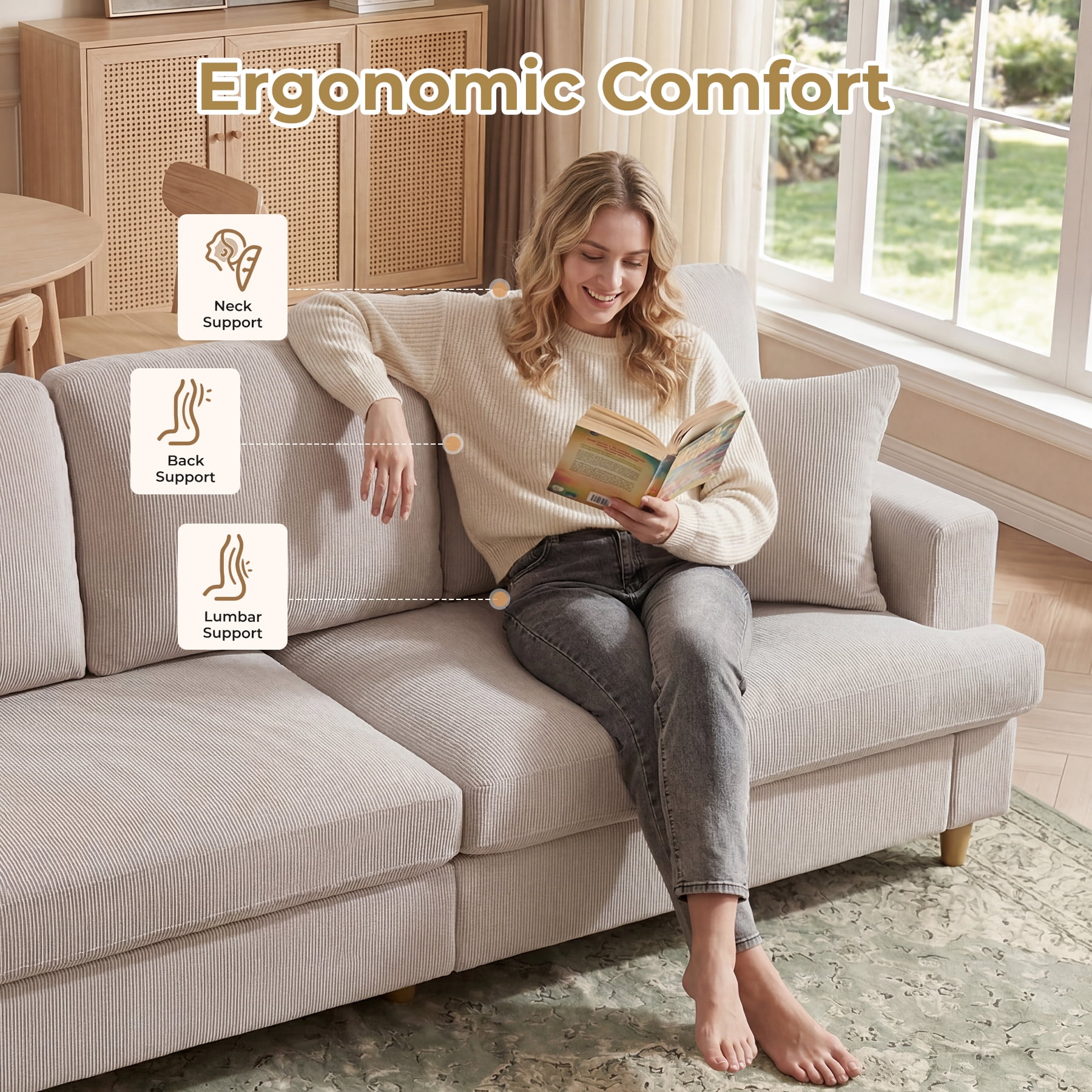 Ebello 87" 3-Seater Corduroy Sofa, Deep Seat with Plush Cushions, 2 Throw Pillows and Thick Backrest Couch for Living Room Bedroom Apartment, Beige