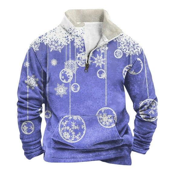 QHRMKOG 2025 Christmas Sweatshirts Men Trendy Christmas Tree Graphic Stand Up Collar Sweaters Loose Fit Long Sleeve Quarter Zip Sweatshirt Winter Pullover with Pockets Purple L
