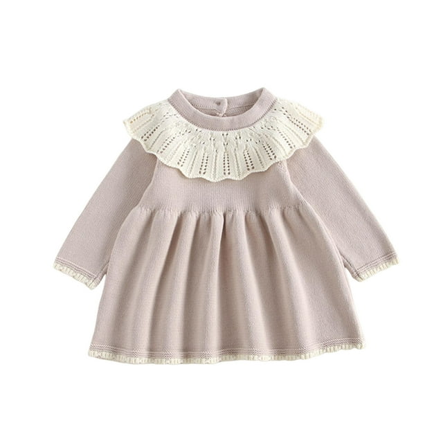 Odeerbi Niñas Suéter Algodón Vestido Cuello de Encaje Princesa Vestidos Niños Color Sólido Dulce Cuello Redondo Vestido Manga Larga