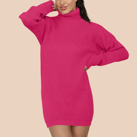 Fall Deals!Women's Casual Dresses,Women Solid Color Lapel Loose Knit Long Sleeved Plus Size Senior Woolen Dress Hot Pink Xxl