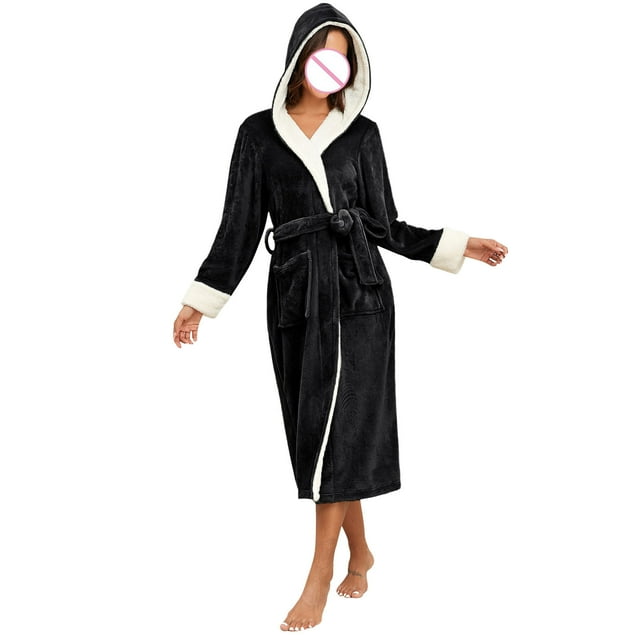 Meichang Plush Robes for Women Hooded Long Bathrobe Fleece Lounge Robe Winter Thick Warm Sleepwear Cozy Pockets Spa Robe with Belt