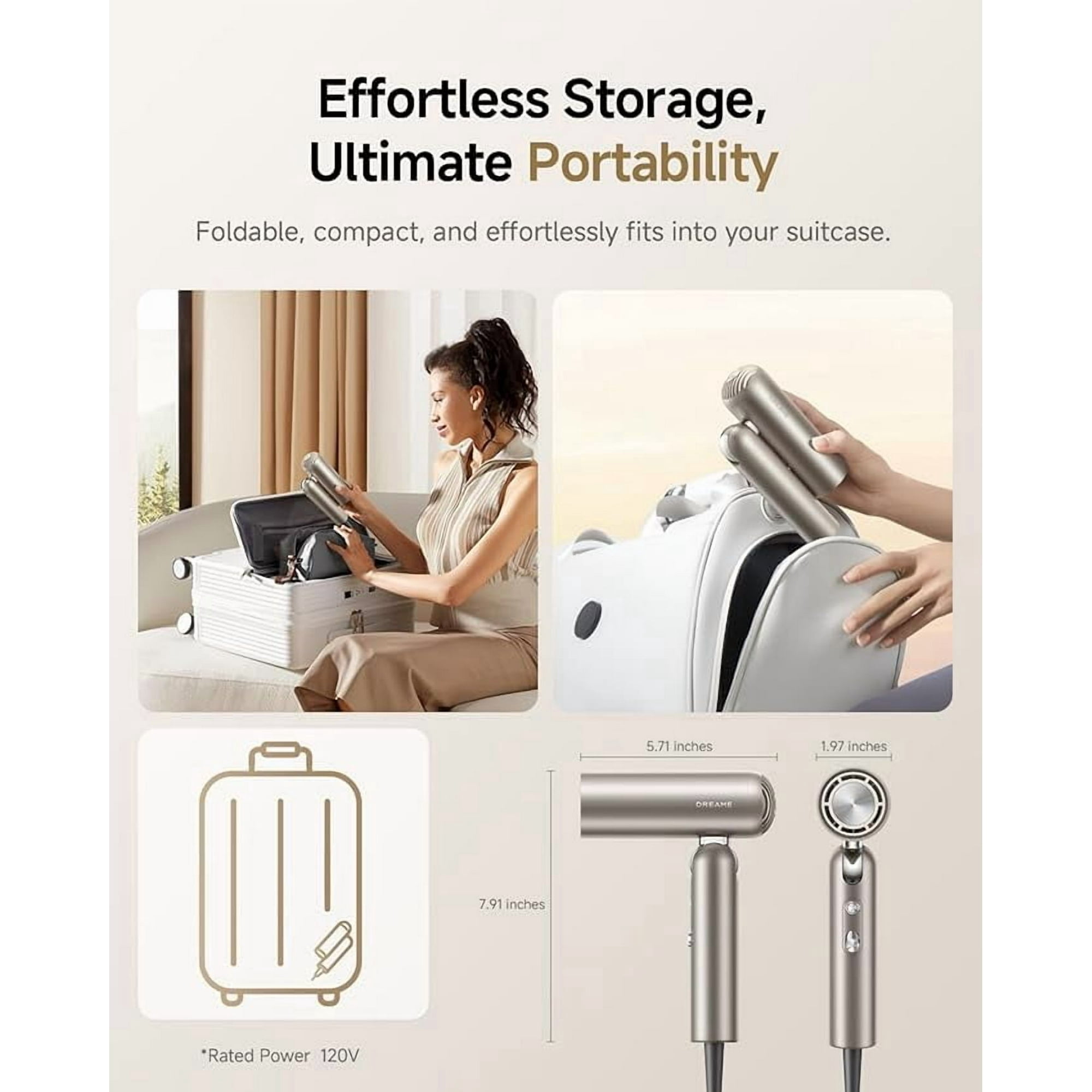 Dreame Pocket Hair Dryer - Ultra Lightweight Blow Dryer with 2 Styling Attachments, Fast Drying, High-Speed Brushless Motor, 300M Negative Ions, Low Noise, Portable for Home & Domestic Travel & Gym