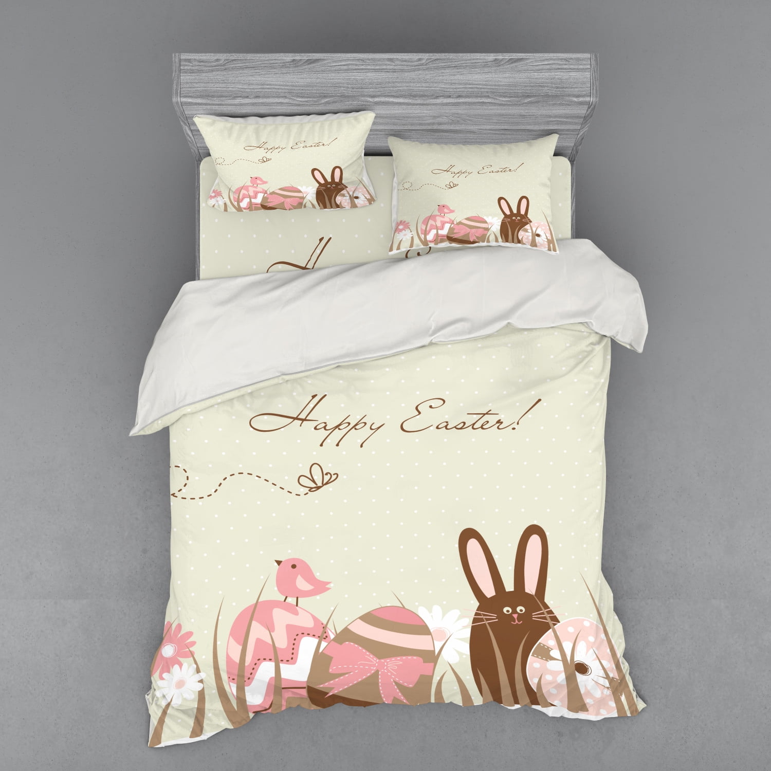 Easter Duvet Cover Set, Pastel Toned Eggs Birds and Bunny on a Polka