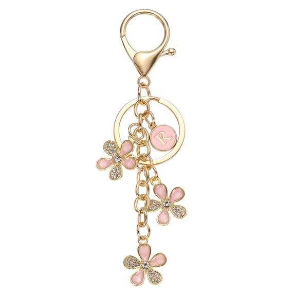 UxcellInitial Letter Flower Keychain, Cute Alphabet R Cherry Blossom Rhinestone Keyring for Women Girls Purse Backpack Handbag Charm Bling Sparkly Keychain, Pink