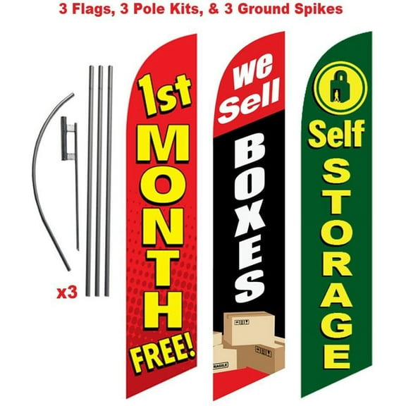 3 Pack Self Storage Advertising Package, 1st Month Free, We Sell boxes, Self Storage, Feather Banner Swooper Flag Kits with Spikes