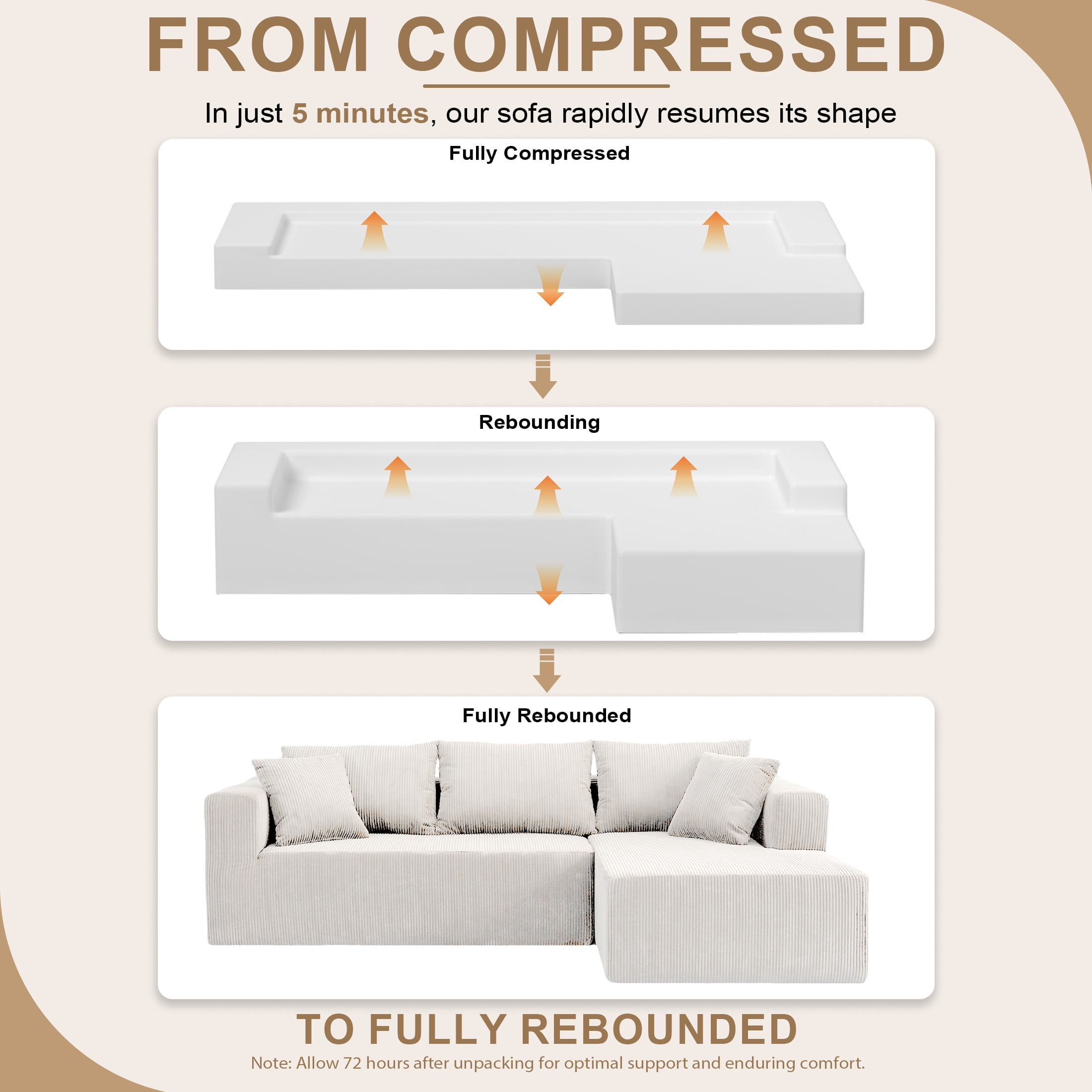 AENKYO 104'' Modular L-Shape Sectional Sofa with Chaise, Comfy Deep-Seat Cloud-Couch, Corduroy - White