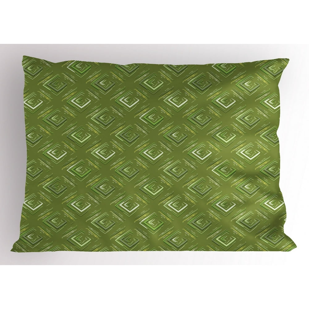 Olive Green Pillow Sham Grunge Geometric Pattern Square Shape Diagonal Abstract Rhombus