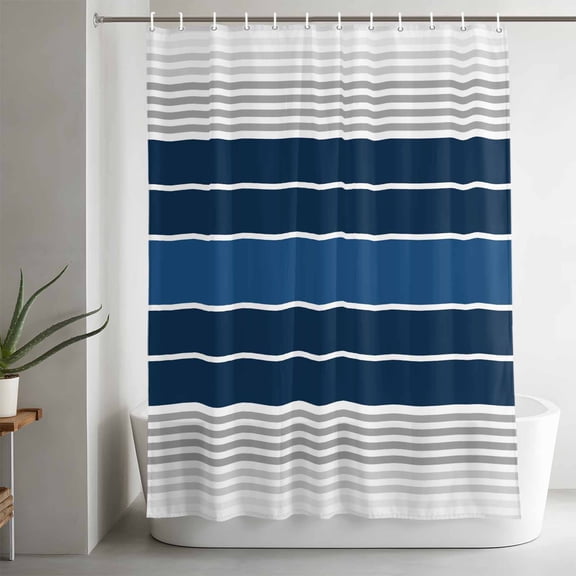 Minimalist Bathroom Shower Curtain, Lake Blue Gradient Gray Stripe Waterproof Washable Soft Bath Curtain for Bathtub Decor with 12 Hooks&Grommet, 36x78in