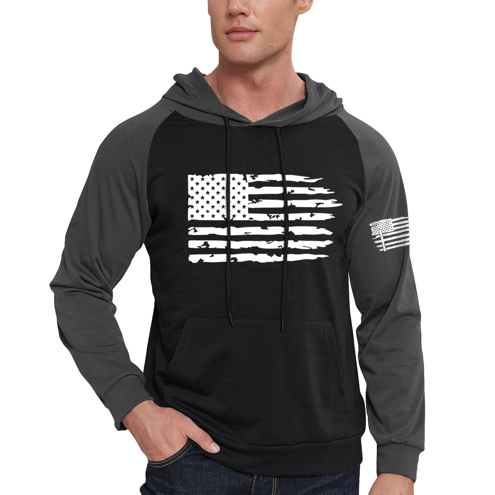 GIPQJK Mens Graphic Hoodies American Flag Print Hooded Sweatshirts 2024 Spring Trendy Patriotic Pullover Tops Usa Flag Multicolor Panel Hoodies Sweatshirts with Pockets,Black 5XL
