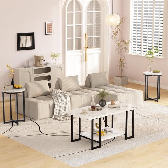 LinkRomat 3-Pieces Living Room Table Sets, Modern Faux Marble Coffee Table with 2 Round End Side Tables, Compact Space Coffee Table Sets for Apartment Home Office, White