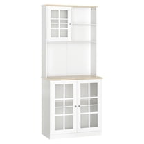 SAZYY 72" Kitchen Pantry Cabinet with Hutch, Countertop, Glass Doors & Adjustable Shelves, Freestanding Storage, White