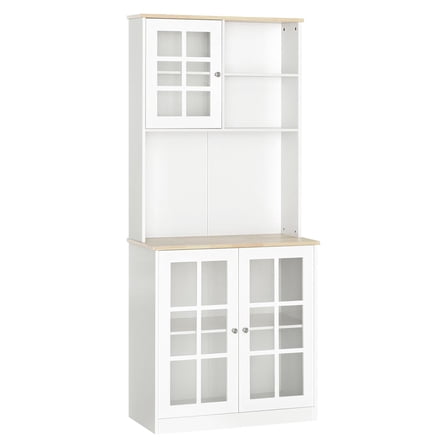 SAZYY 72" Kitchen Pantry Cabinet with Hutch, Countertop, Glass Doors & Adjustable Shelves, Freestanding Storage, White