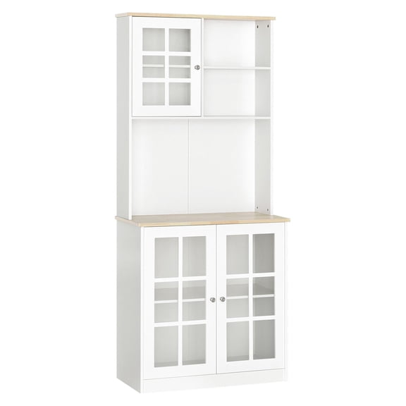 SAZYY 72" Kitchen Pantry Cabinet with Hutch, Countertop, Glass Doors & Adjustable Shelves, Freestanding Storage, White