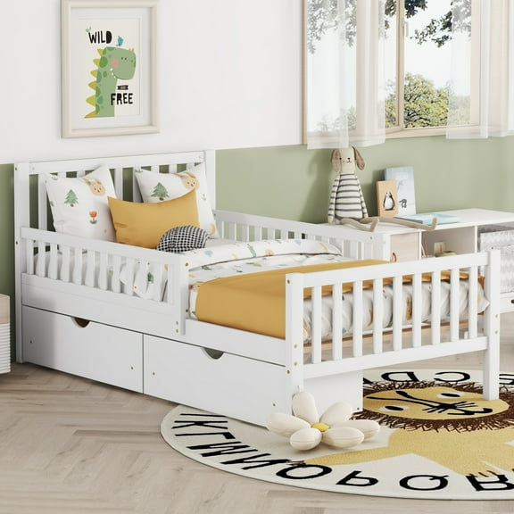 Twin Size Platform Bed with Guardrails, Wooden Twin Bed Frame with 2 Storage Drawers and Headboard & Footboard for Kids Boy Girl, No Box Spring Needed, White