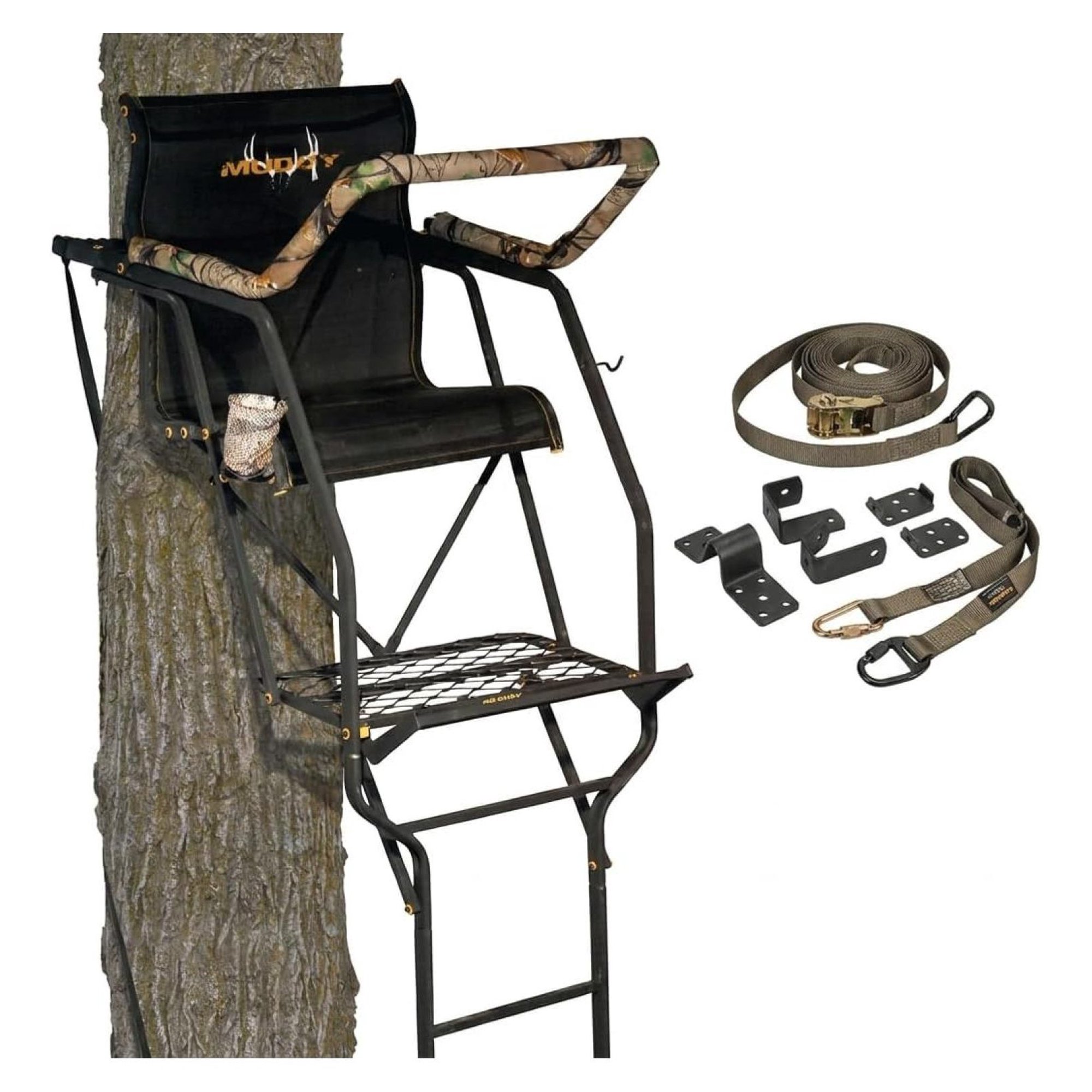 21 Foot Single Tree Ladder Stand for Big Game Hunting with Expanded D-Force Metal Platform and Lumbar Seat; 300 lb Capacity Silent Technology DXT Tubing Padded Armrests