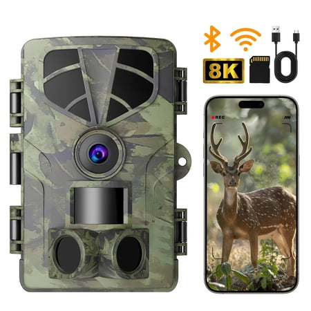 QUNSE Trail Camera WiFi Bluetooth 60MP/8K Game Camera with 0.2s Trigger No-Glow Night Vision 65ft 120° Wide Angle IP66 Waterproof 2 Screen 8GB SD Card Included