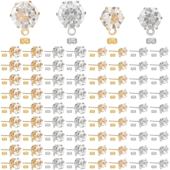 DIY 120Pcs 4 Style Earring Studs with Loop Stud Earring Findings with Clear Cubic Zirconia Round Blank Stud Earring Gold and Silver Rhinestones Earring Studs for DIY Earrings Jewelry Making DIY