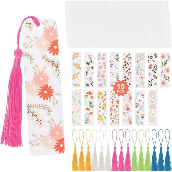 Acrylic Bookmark Blanks, 15 PCS Clear Acrylic Craft Bookmarks with Floral UV DTF Transfer Stickers Colorful Tassel Clear Acrylic Craft Rectangle Craft Bookmarks for DIY Crafts
