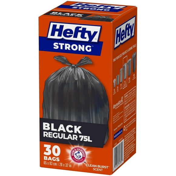 Hefty™ Garbage Bags, Strong Regular 75 Litres Black, EasyFlaps™, Arm & Hammer odour neutralizer, 30 Bags