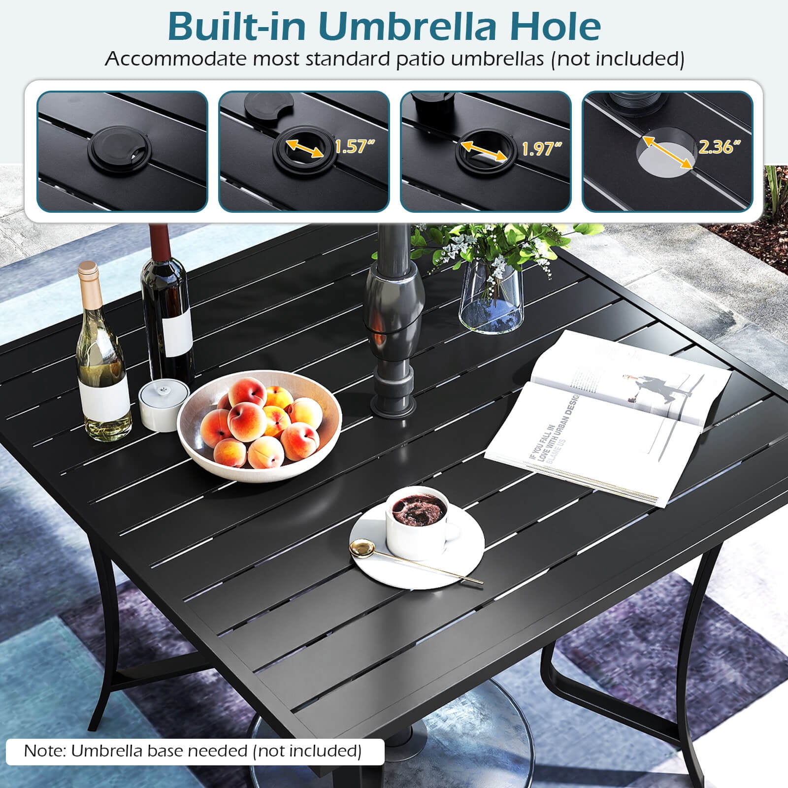 Costway 5 PCS Patio Furniture Dining Set, Outdoor Square Table & Stackable Chairs with Umbrella Hole Black
