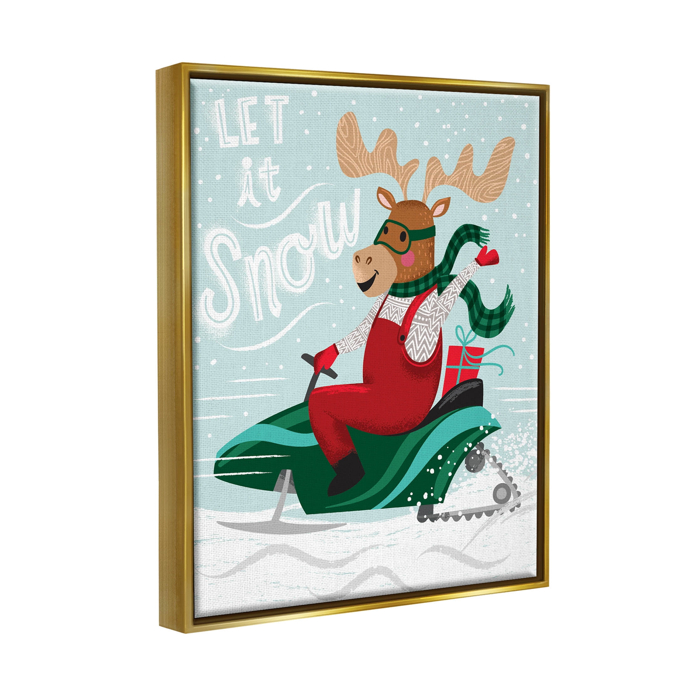 Let It Snow Moose Sleigh Holiday Graphic Art Metallic Gold Framed Art Print Wall Art