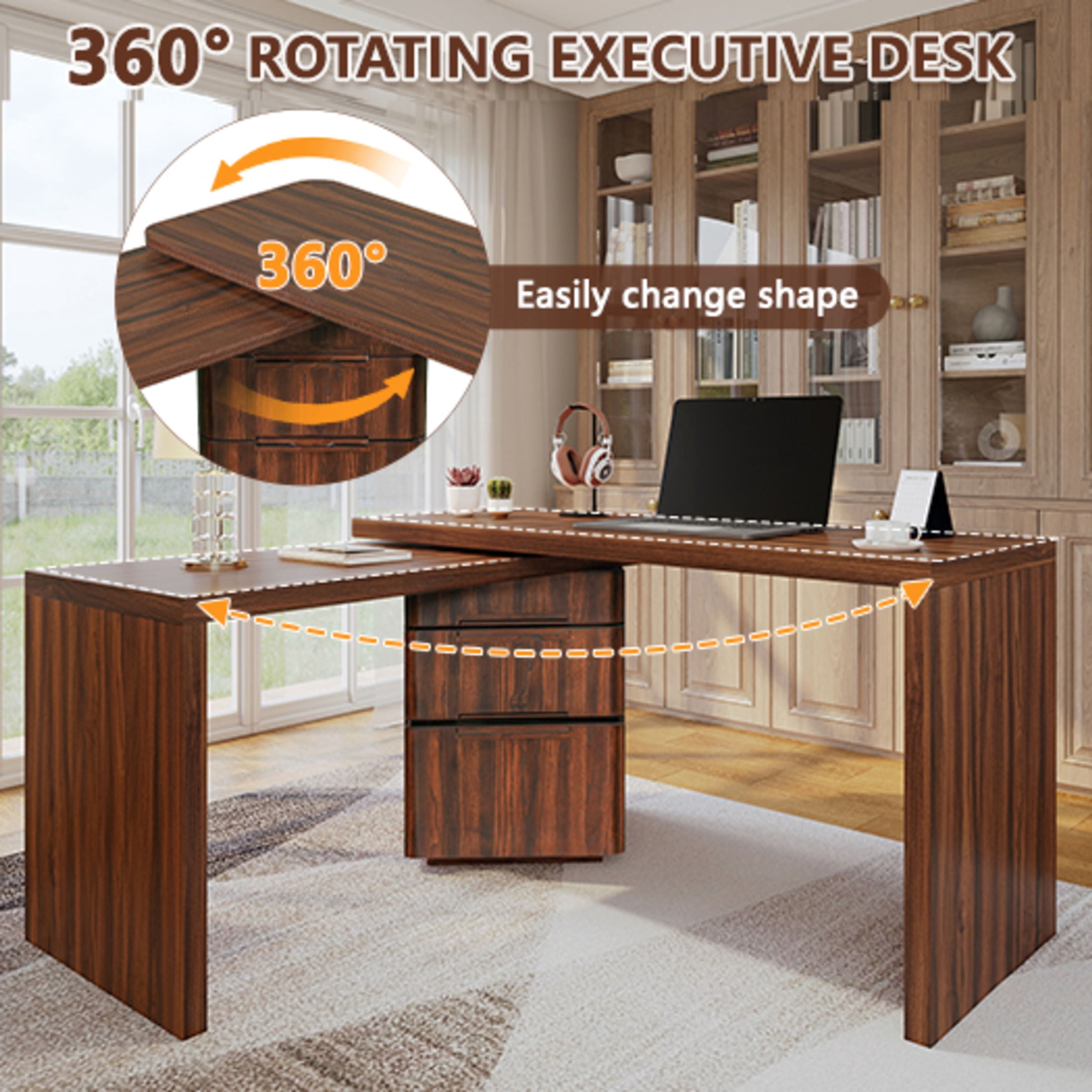 GDF Studio Morad 90" Modern 360° Rotating L-Shaped Executive Desk with Storage Drawers, Corner Workstation, Walnut