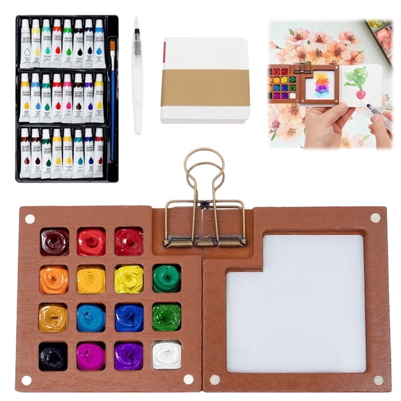 NUAHRHY Mini Watercolor Paint Set, Pocket Palette Travel Kit with 15 Grid Palette 24 Color Paint Sketchbook and Brush for Travel Painter Beginner, Artists & Painting Enthusiasts