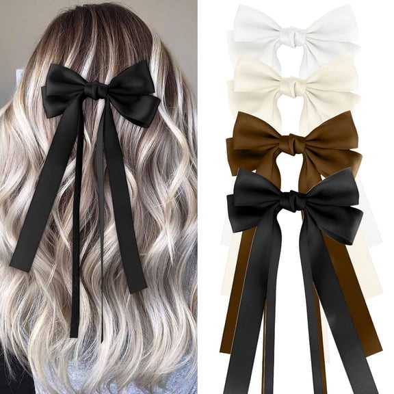 4PCS Hair Bows for Women Girls Silky Bow Hair Ribbon Clips with Long Tail Alligator Metal Clips Hair Bows