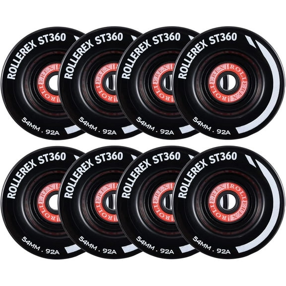 Rollerex ST360 92A 54mm x 32mm Roller Skate Wheels (8-Pack w/ Bearings, Spacers and Washers) (Color Options) - Indoor Outdoor - Use for Quad Skate Wheel Replacement (Steel Black)