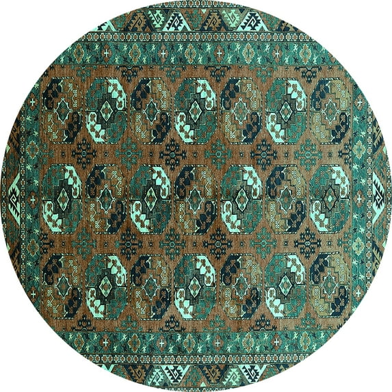 Ahgly Company Machine Washable Indoor Round Oriental Turquoise Blue Industrial Area Rugs, 6' Round
