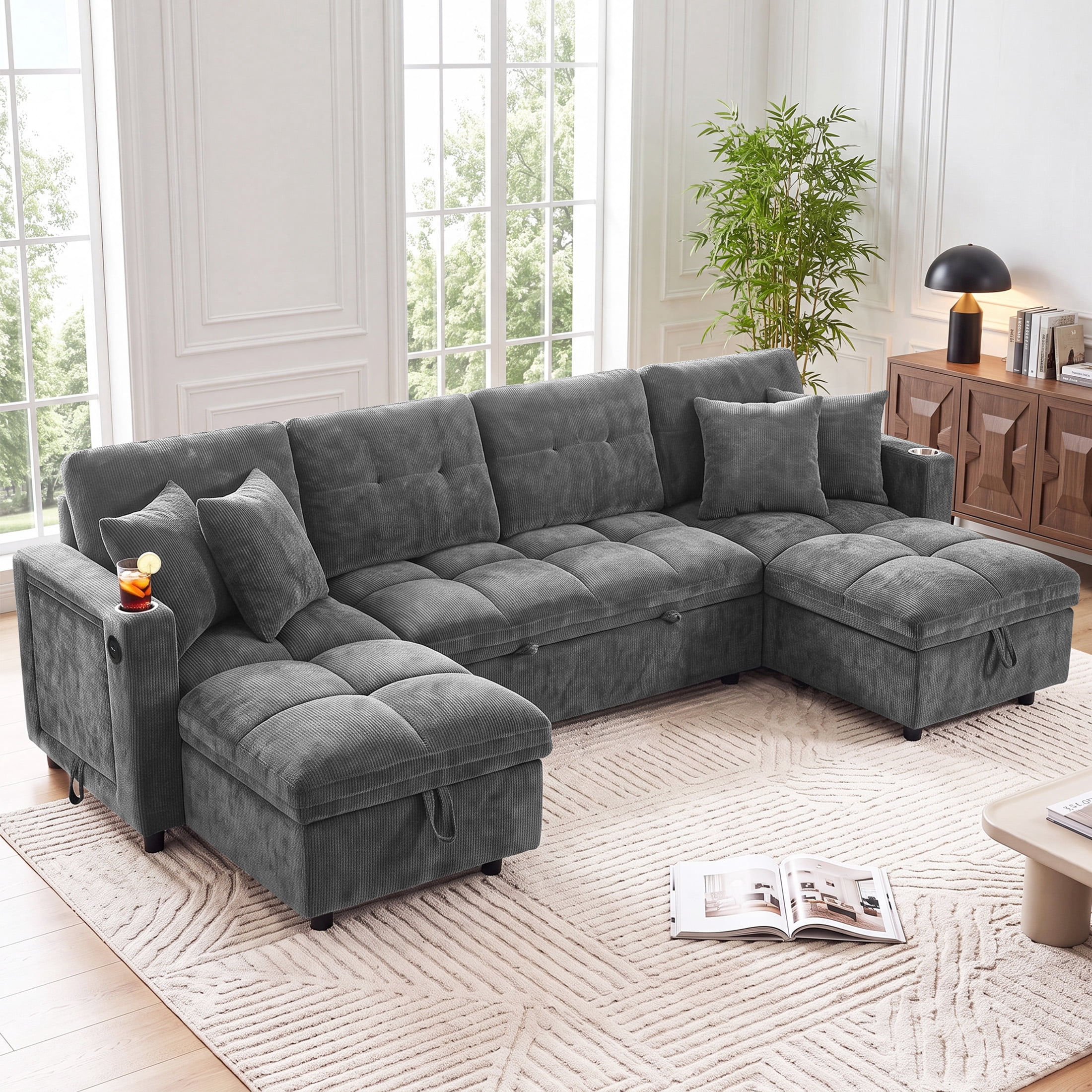 Aenkyo 108" Chenille U-Shaped Sectional Pull Out Sofa Bed with Dual Storage Chaises, Gray