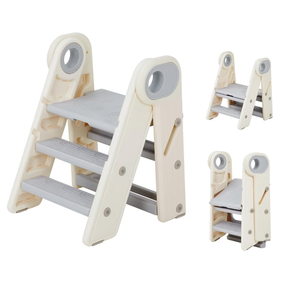 Foldable Toddler Step Stool with 3 Non-Slip Steps, Adjustable Kids Helper Stool with Handles, PE Standing Tower for Bathroom Kitchen