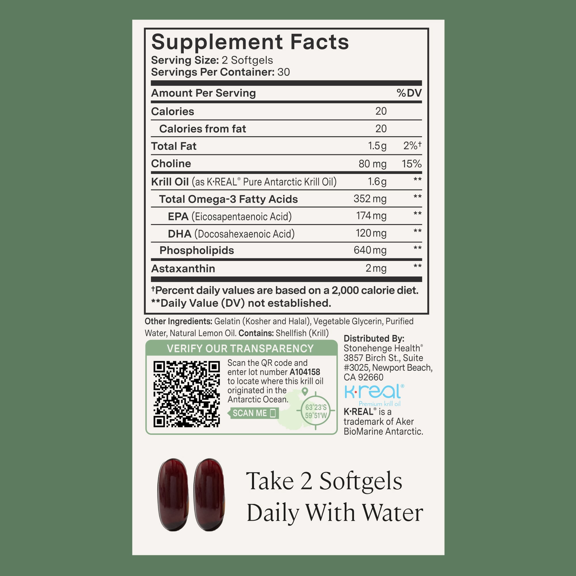 Stonehenge Health Krill Oil Omega 3 Antarctic Ocean Supplements, 1600 mg Gels, 60 Count