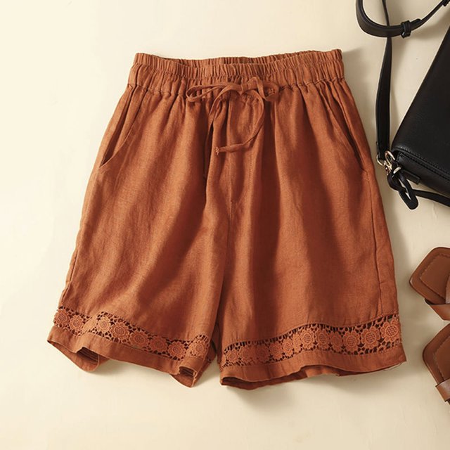 MKLEKYY Pantalones Cortos de Mezclilla para Mujer, Pantalones Cortos de Lino Fino de Verano para Mujer, Pantalones Casuales de Cintura Elástica con Encaje Hueco Retro para Mujer