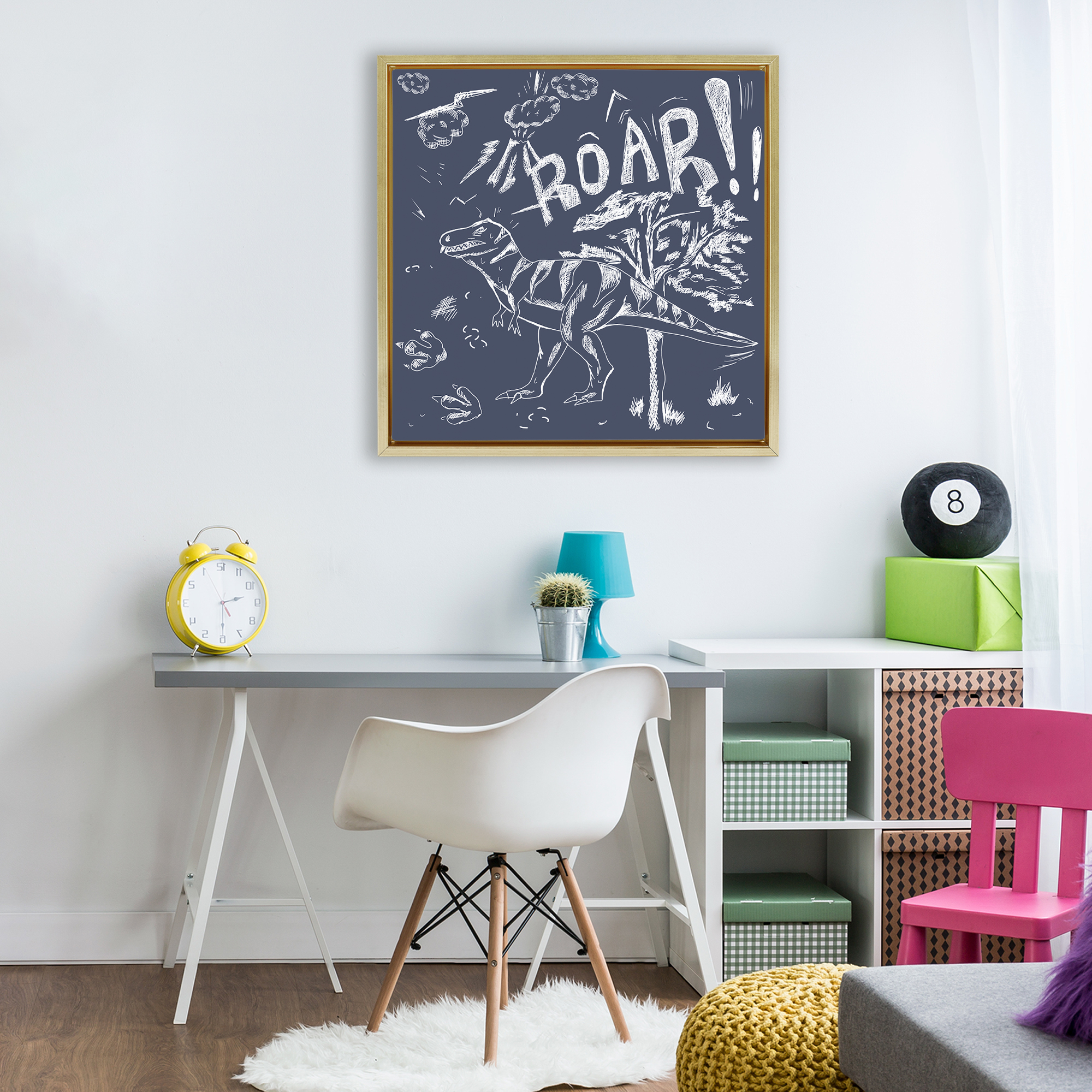 Sketchy Roar Dinosaur Gold Framed Floater Canvas Wall Art, design by HUE and MI and Sangita