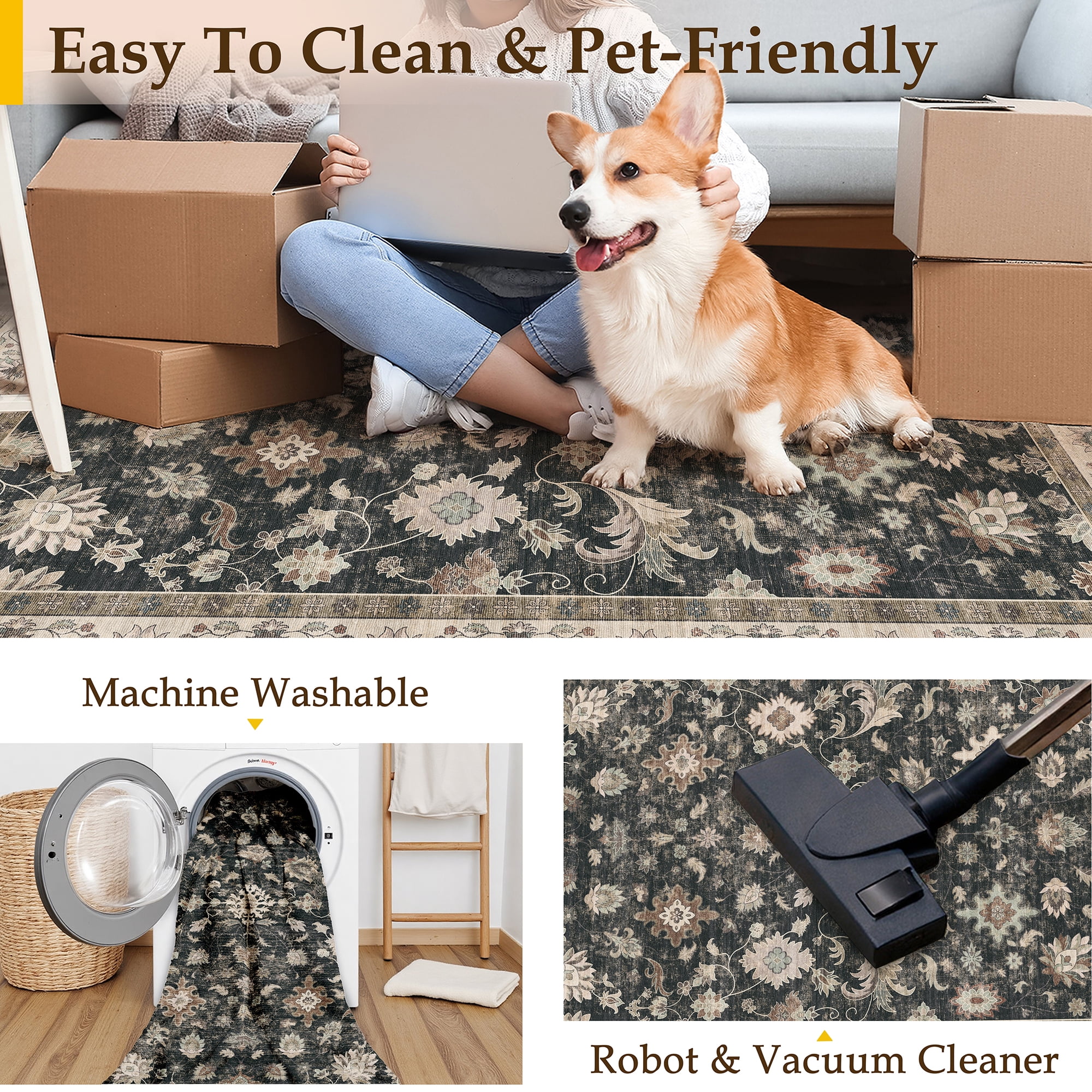 BERTHMEER 2'x3' Small Area Rugs for Entryway Doorway indoor Doormats Bathroom Machine Washable Non-slip Vintage Floral Oriental Rugs,Black