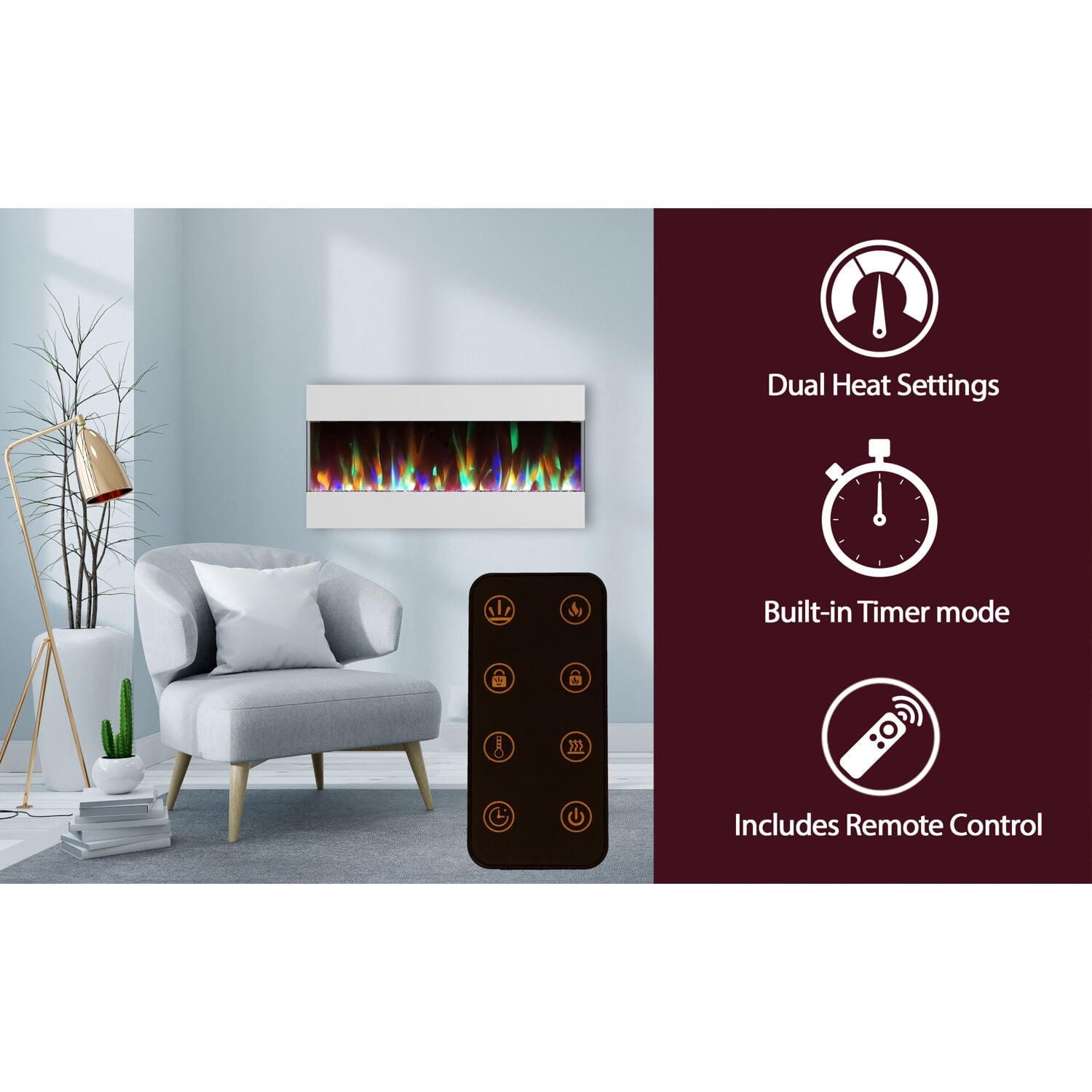 Cambridge 42 In. Recessed Electric Wall Mounted Fireplace Heater with Multi-color Flame Crystal Rock Display, Adjustable Heat, Remote - CAM42RECWMEF-1WHT