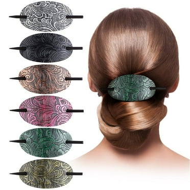 6PCS Hair Clips with Wooden Sticks, Classical Vintage Faux Leather Oval Hair Clips with Wooden Push Bars, Bohemian Ponytail Holders Hair Accessories for Women Girls