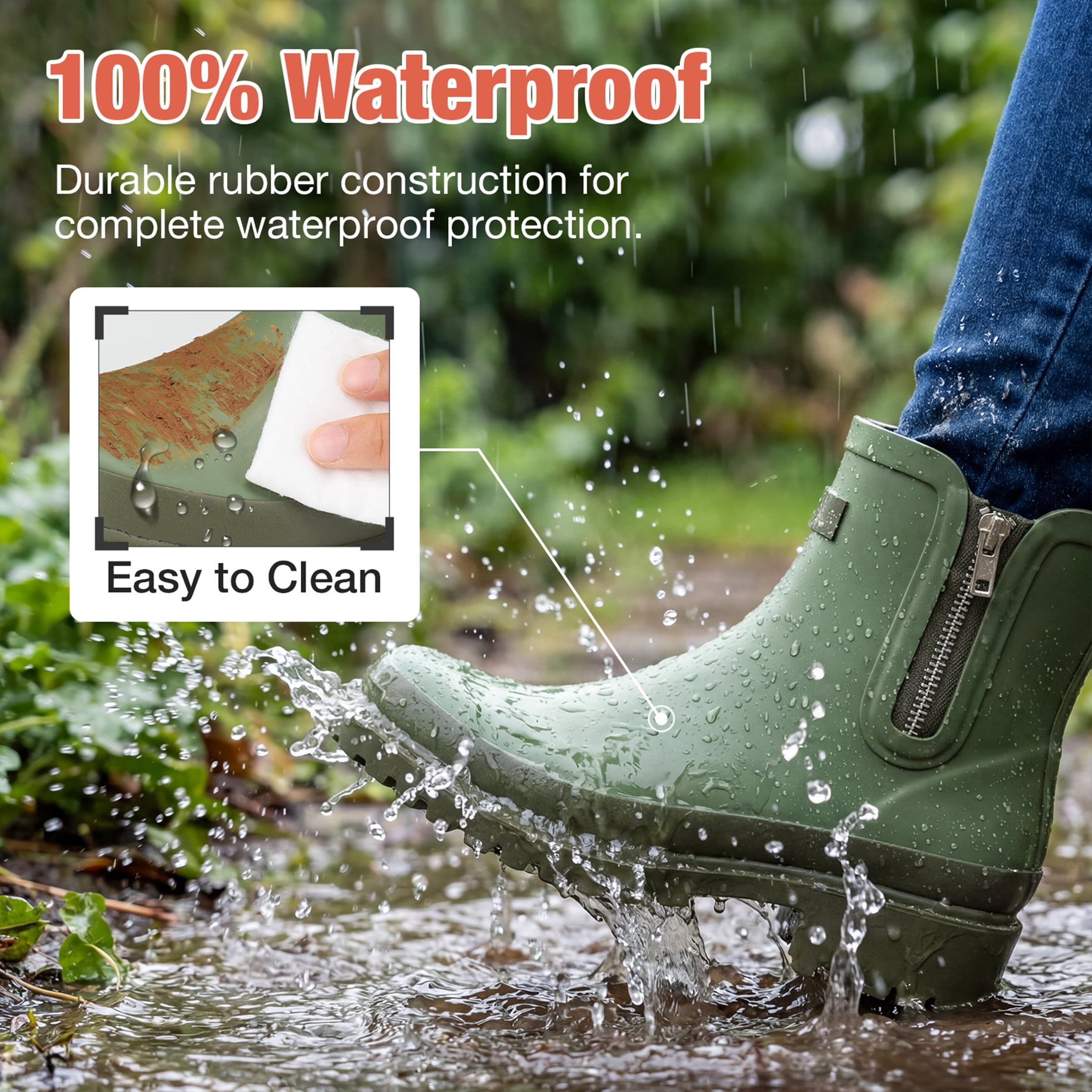 SMILIN Women’s Waterproof Chelsea Ankle Rain Boots with Side Zipper,Green, US Size 10
