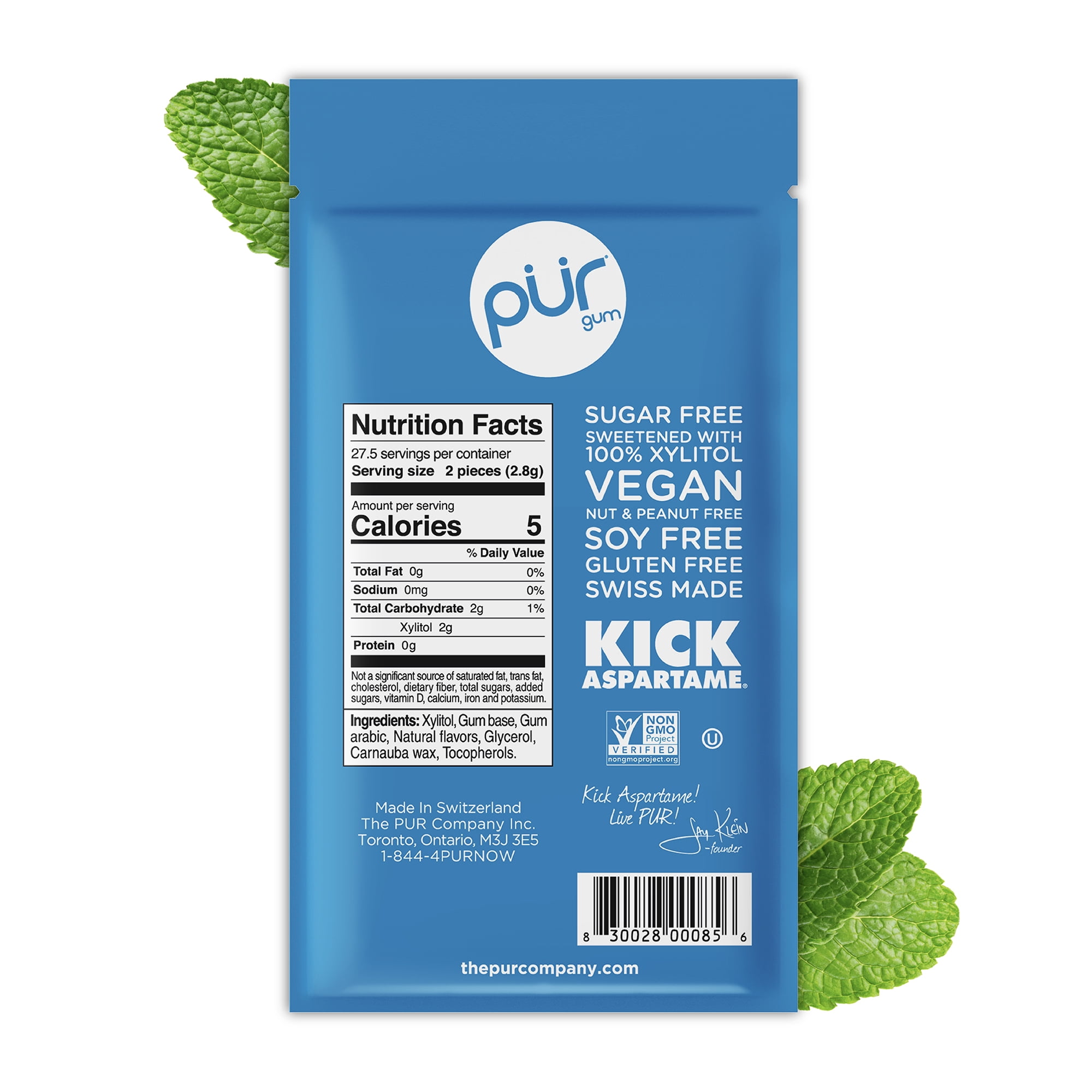 PUR Gum, Peppermint, Aspartame Free, Sugar Free & 100% Xylitol, Chewing Gum, 55 Pieces, Pack of 12