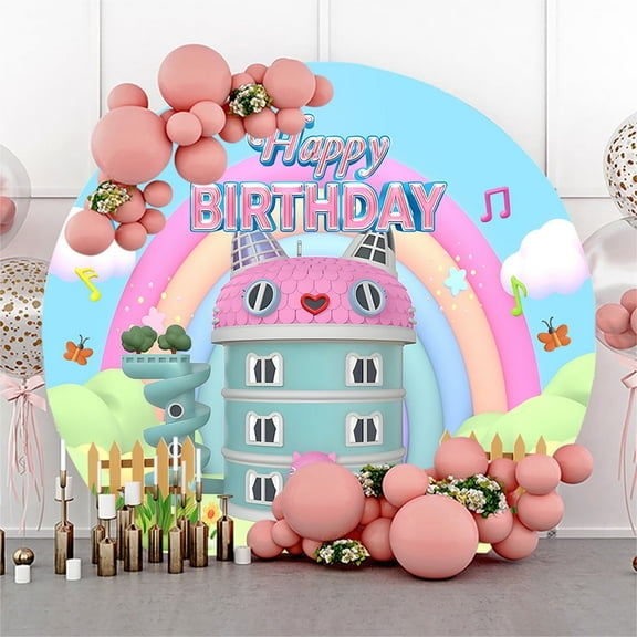 Circle 7.2FT Cute Cartoon Cat House Garden Birthday Backdrop For Girls