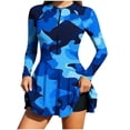 thumbnail image 2 of Long Sleeve Swimdress for Women Padded Rash Guard One Piece Swimsuits with Shorts Zip Front Bathing Suits Color Block Pattern Tummy Control Athletic Swimwear, 2 of 9