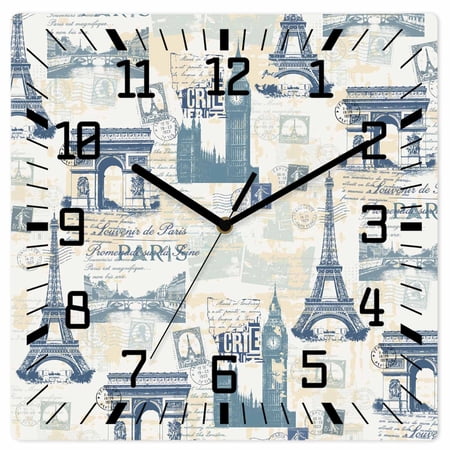 Wall Clock Blue Eiffel Tower Operated Square Clocks Wooden Silent Non Ticking Wallclock 10 Inch