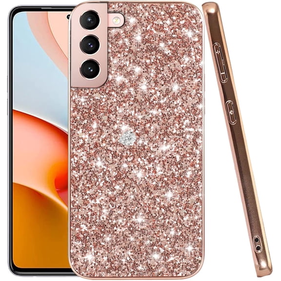 Compatible with Samsung S22 Case Glitter Shockproof, for Samsung Galaxy S22 Phone Case Bling Sparkly Soft TPU and PC Silicone Shiny Girl Women Thin Protective Cover (Rose Gold)