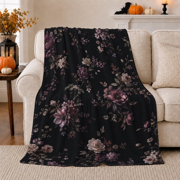Scattered Mauve Flower Sprays On Black Ground, Cozy Flannel Blanket with Moody Vintage Botanical Print, Housewarming Gift for Dark Floral Enthusiasts, Home Decor for Bedroom and Living Room