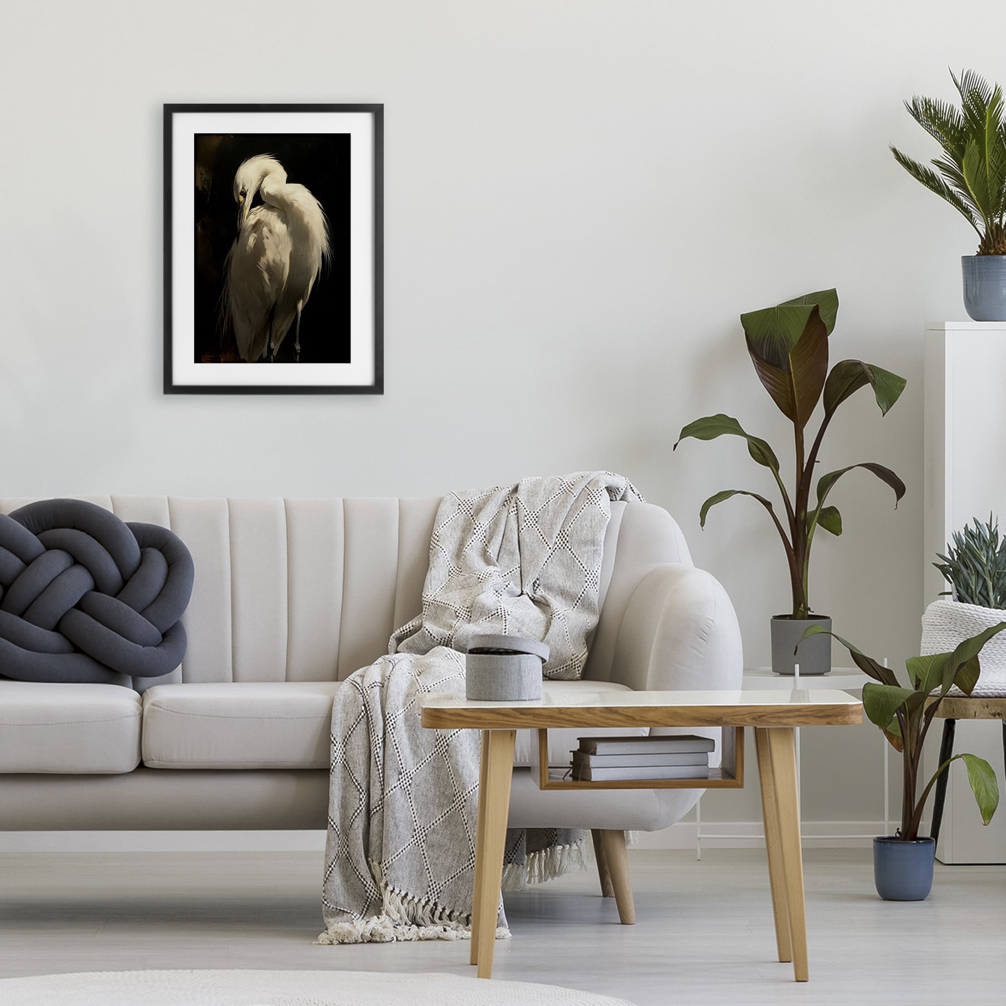 Stupell Industries Feathered Egret in Soft Light Black Framed Print Under Glass, design by Petal Prints Design