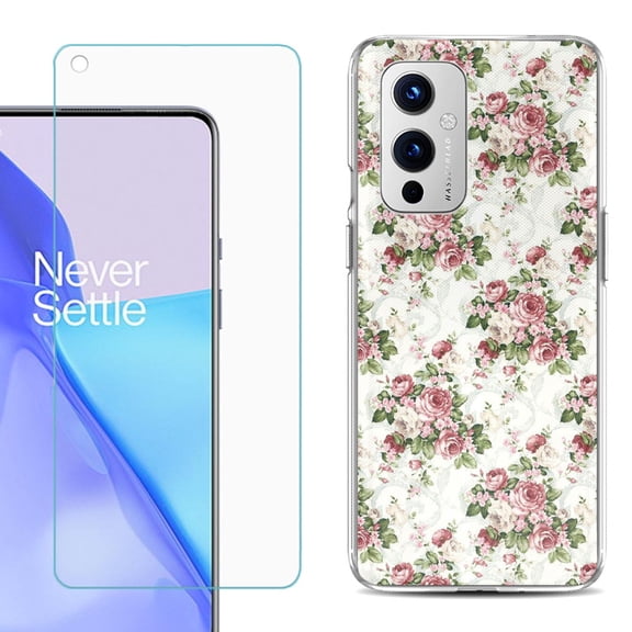 Slim-Fit TPU Phone Case Compatible with OnePlus 9 5G, with Tempered Glass Screen Protector, by OneToughShield ® - Floral/Rose